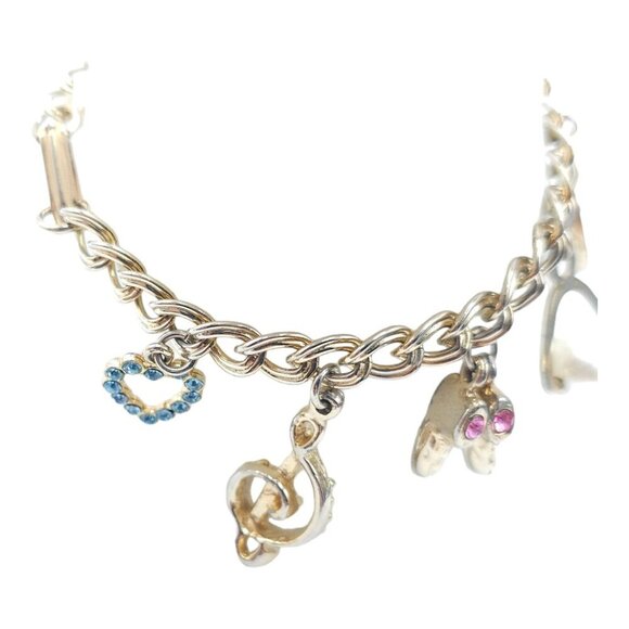 Multi Charm Shoe Heart Pearl Chain Bracelet Foldover Closure Gold Tone Vintage - Picture 3 of 6